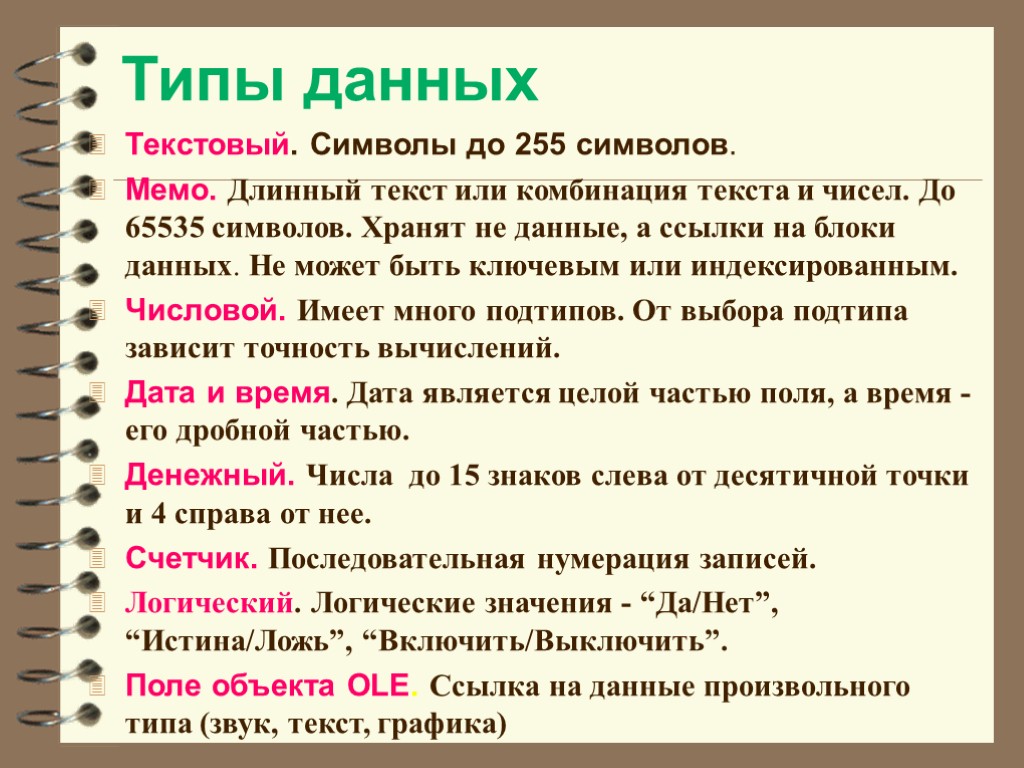 Типы данных Текстовый. Символы до 255 символов. Мемо. Длинный текст или комбинация текста и